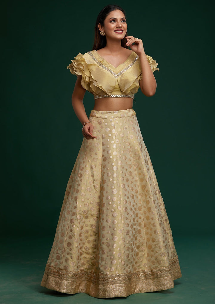 Pista Green Zari Work Banarasi Designer Lehenga - Koskii