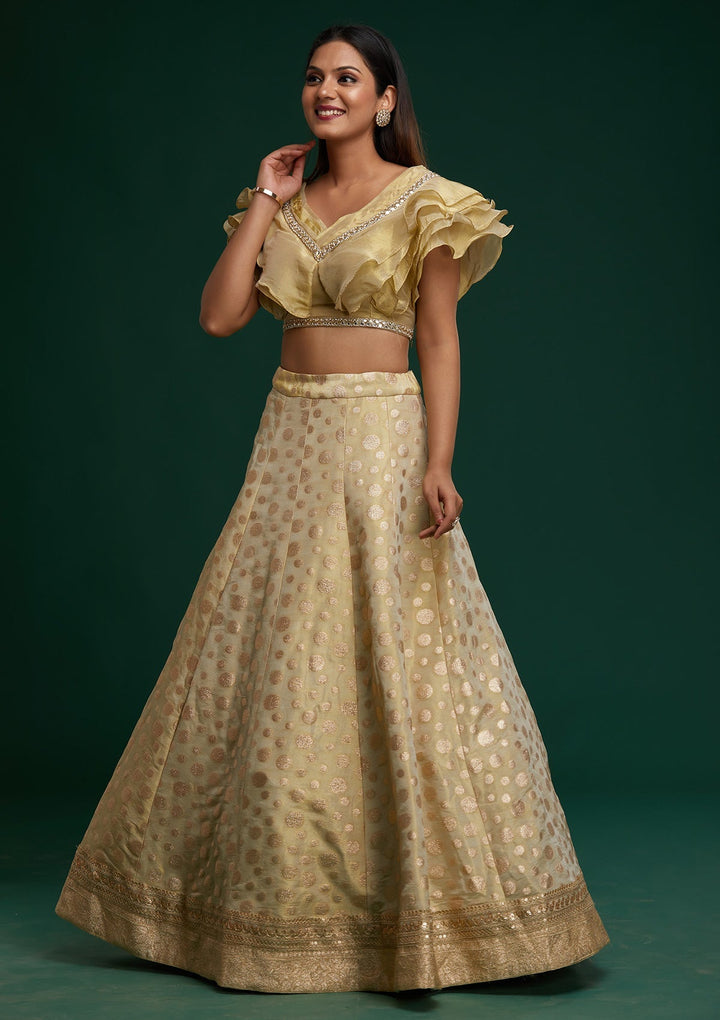 Pista Green Zari Work Banarasi Designer Lehenga - Koskii