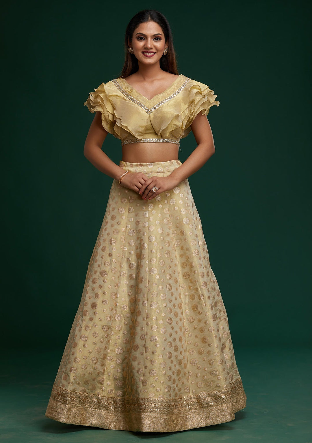 Pista Green Zari Work Banarasi Designer Lehenga - Koskii