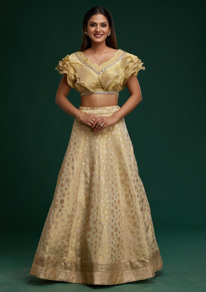 Pista Green Zari Work Banarasi Designer Lehenga - Koskii