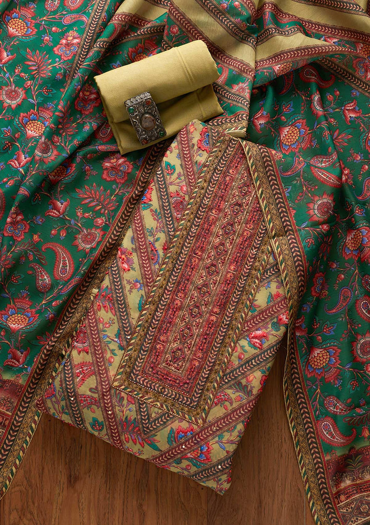 Pista Green Cutdana Art Silk Designer Unstitched Salwar Suit - koskii