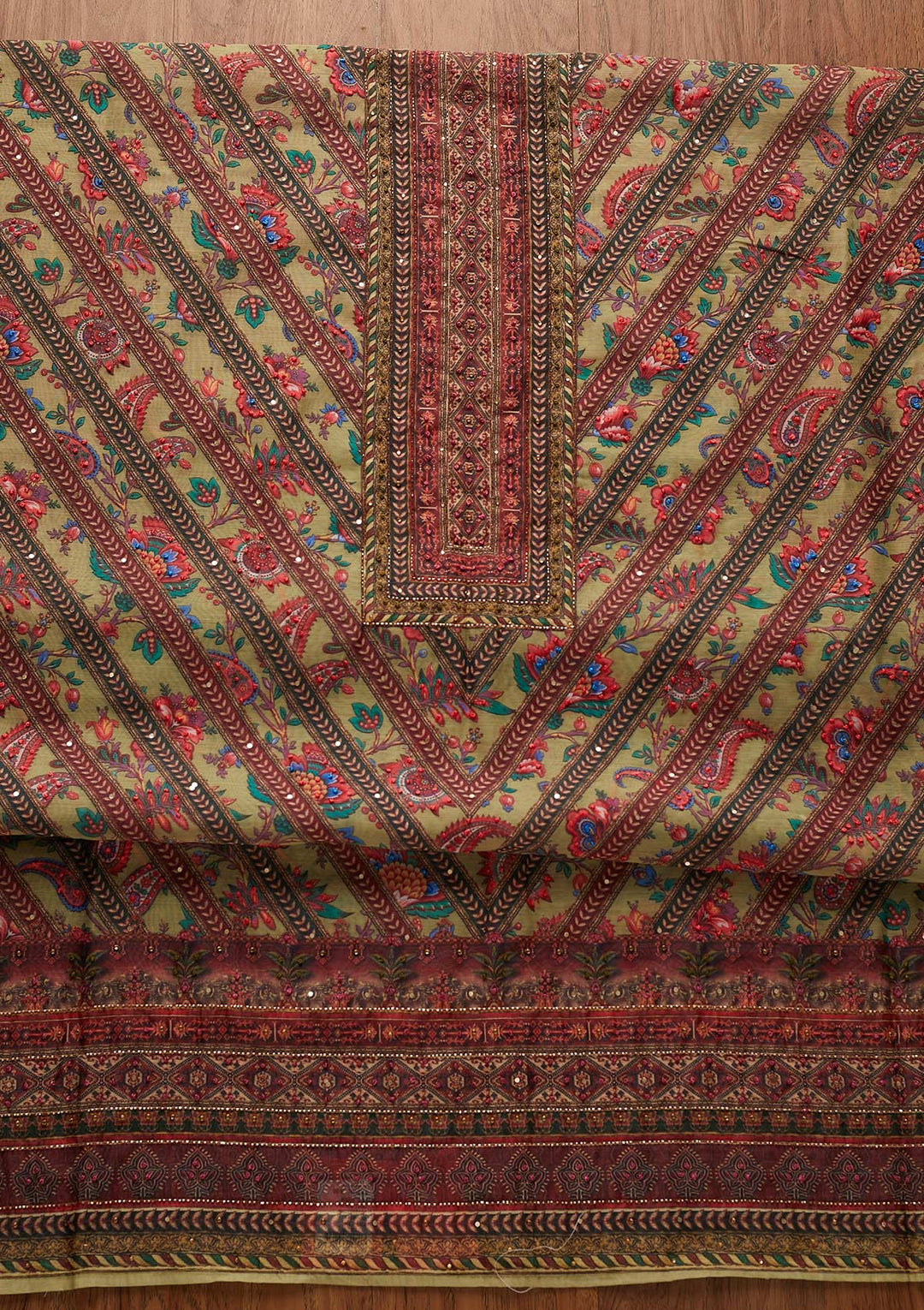 Pista Green Cutdana Art Silk Designer Unstitched Salwar Suit - koskii