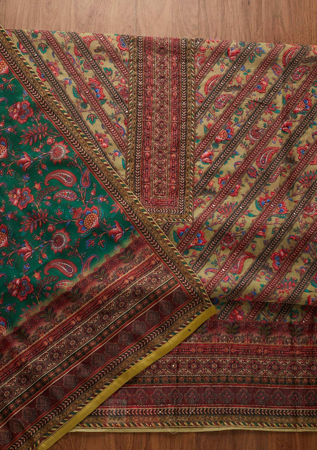 Pista Green Cutdana Art Silk Designer Unstitched Salwar Suit - koskii