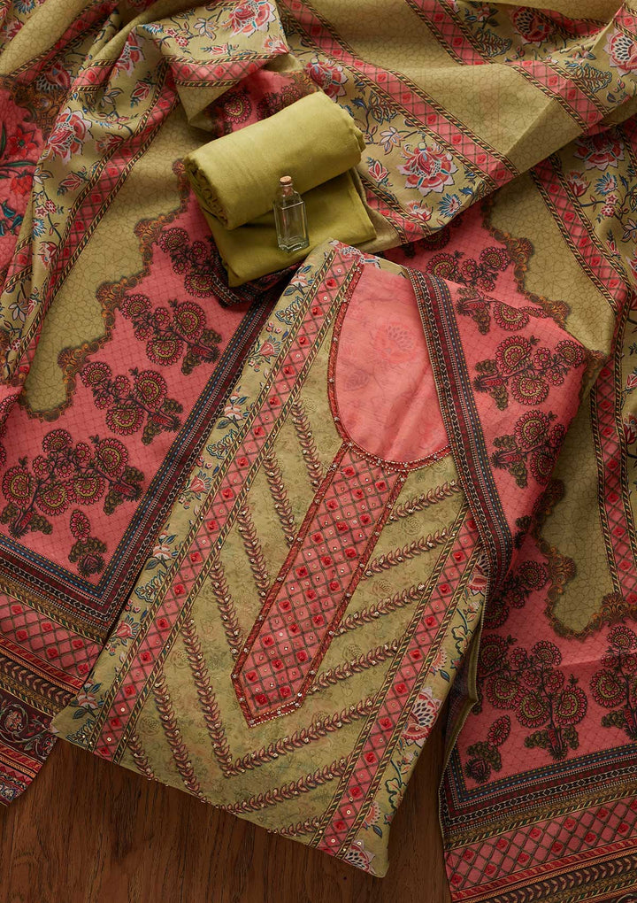 Pista Green Cutdana Art Silk Designer Unstitched Salwar Suit - koskii