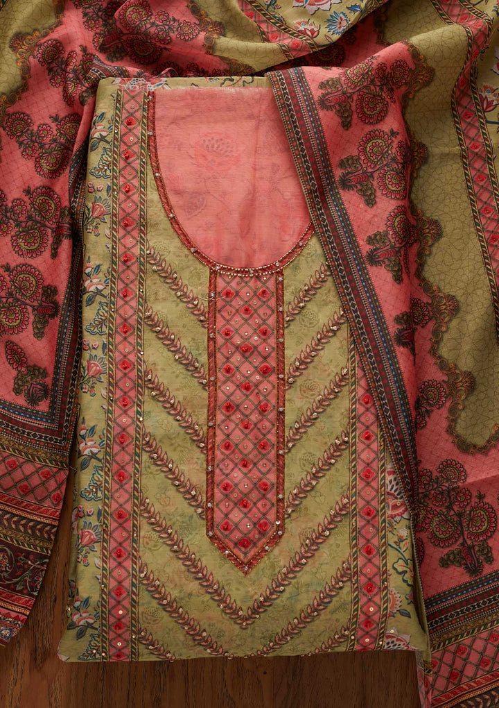 Pista Green Cutdana Art Silk Designer Unstitched Salwar Suit - koskii