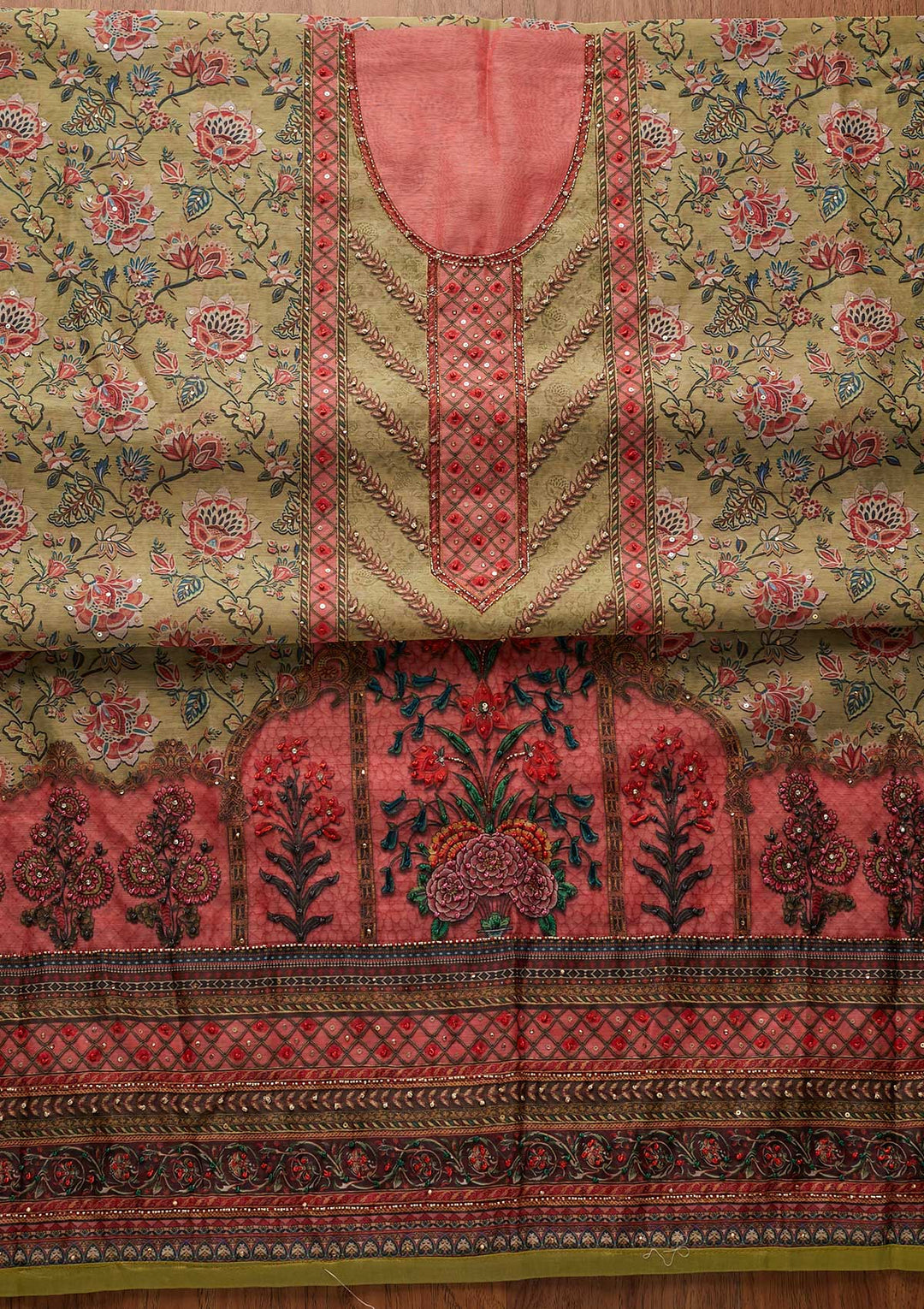 Pista Green Cutdana Art Silk Designer Unstitched Salwar Suit - koskii