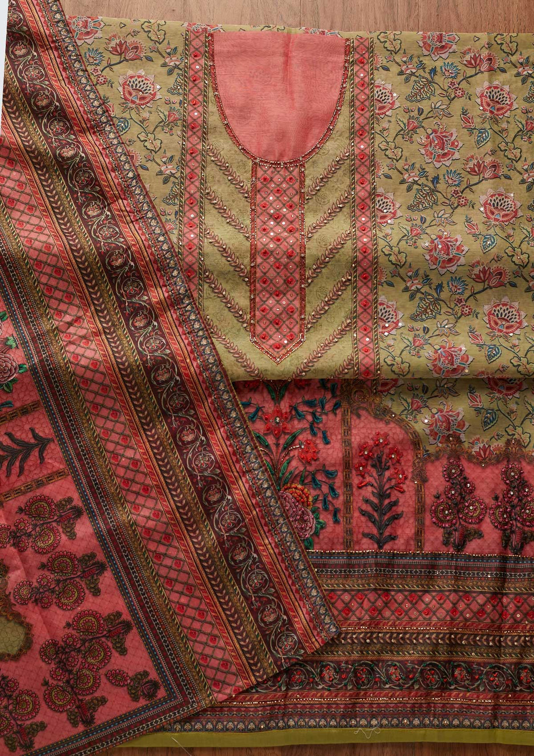 Pista Green Cutdana Art Silk Designer Unstitched Salwar Suit - koskii