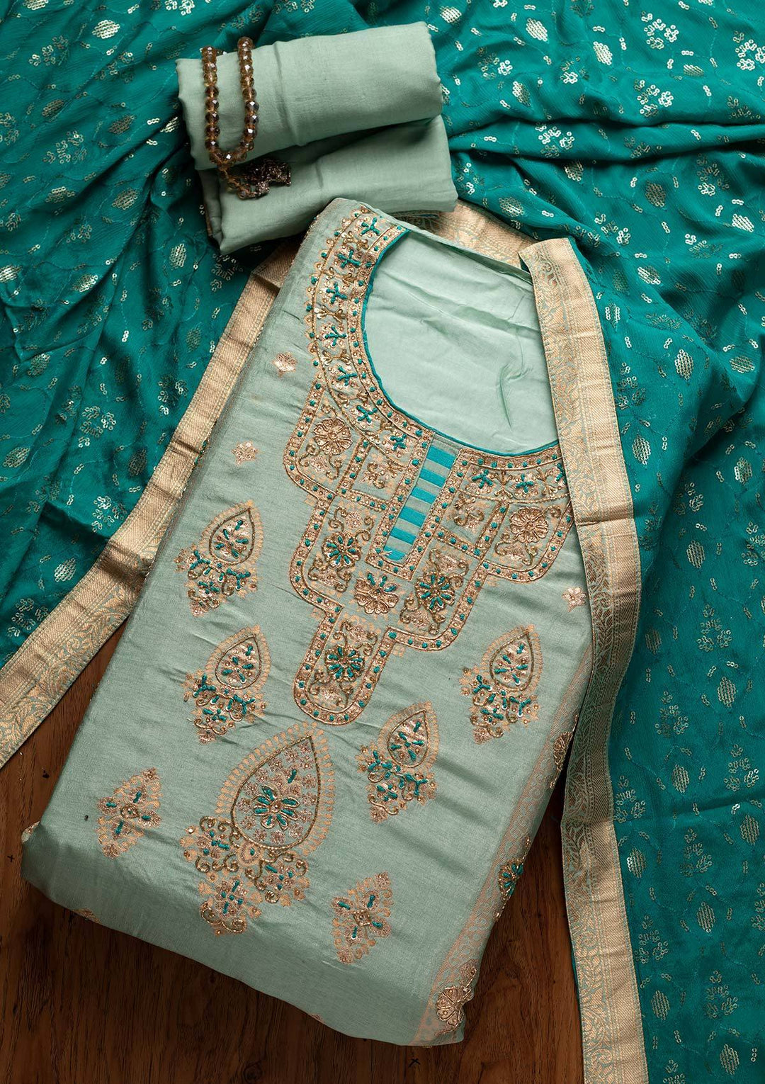 Pista Green Cutdana Banarasi Designer Semi-Stitched Salwar Suit - koskii