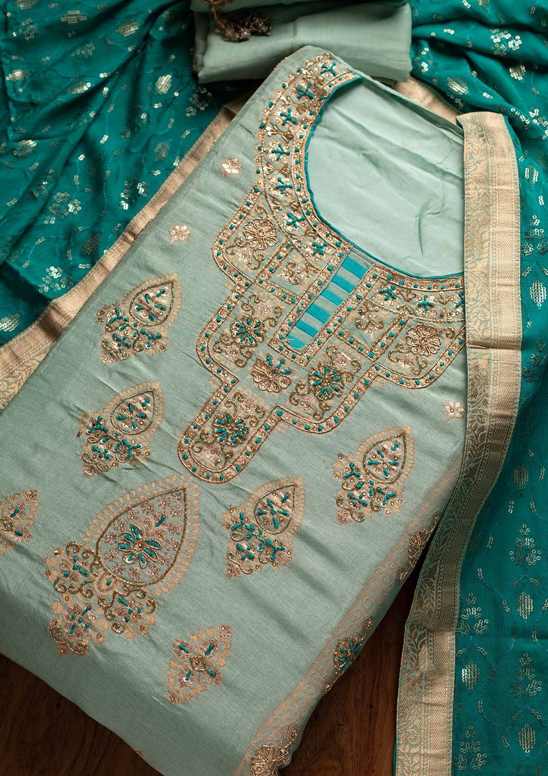 Pista Green Cutdana Banarasi Designer Semi-Stitched Salwar Suit - koskii