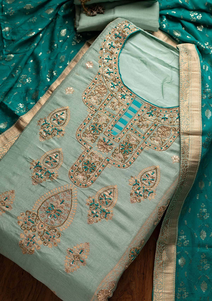 Pista Green Cutdana Banarasi Designer Semi-Stitched Salwar Suit - koskii