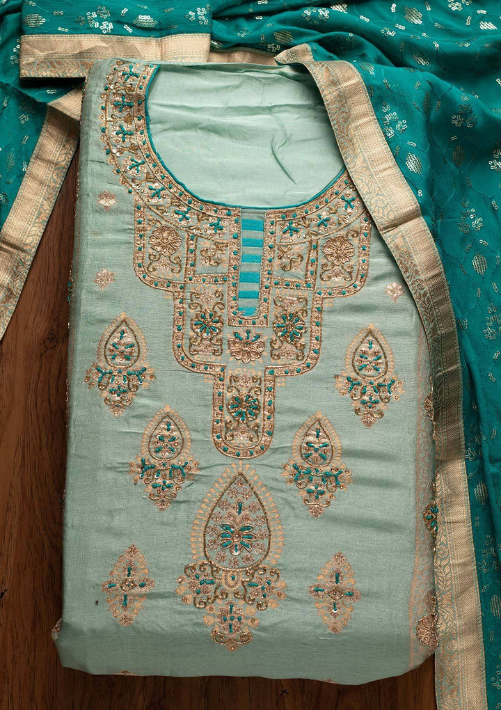 Pista Green Cutdana Banarasi Designer Semi-Stitched Salwar Suit - koskii
