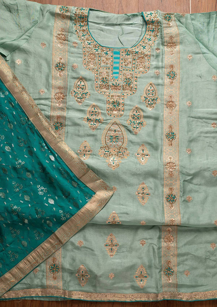 Pista Green Cutdana Banarasi Designer Semi-Stitched Salwar Suit - koskii