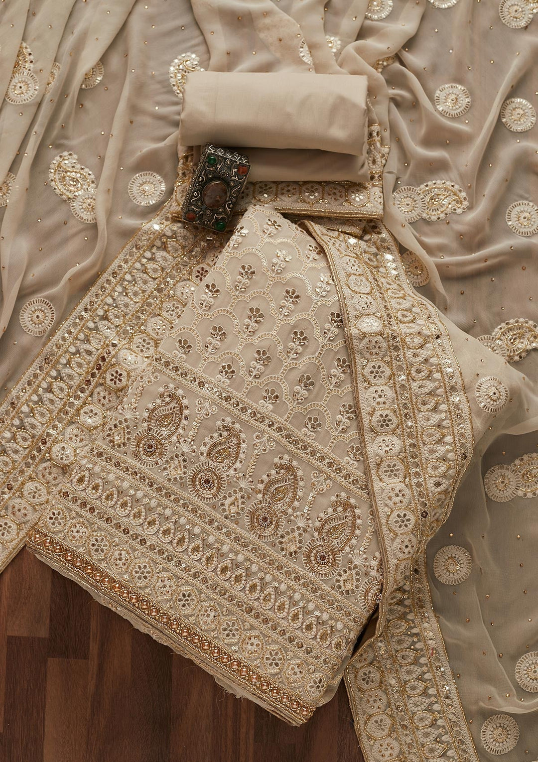 Light Grey Cutdana Georgette Designer Unstitched Salwar Suit - Koskii