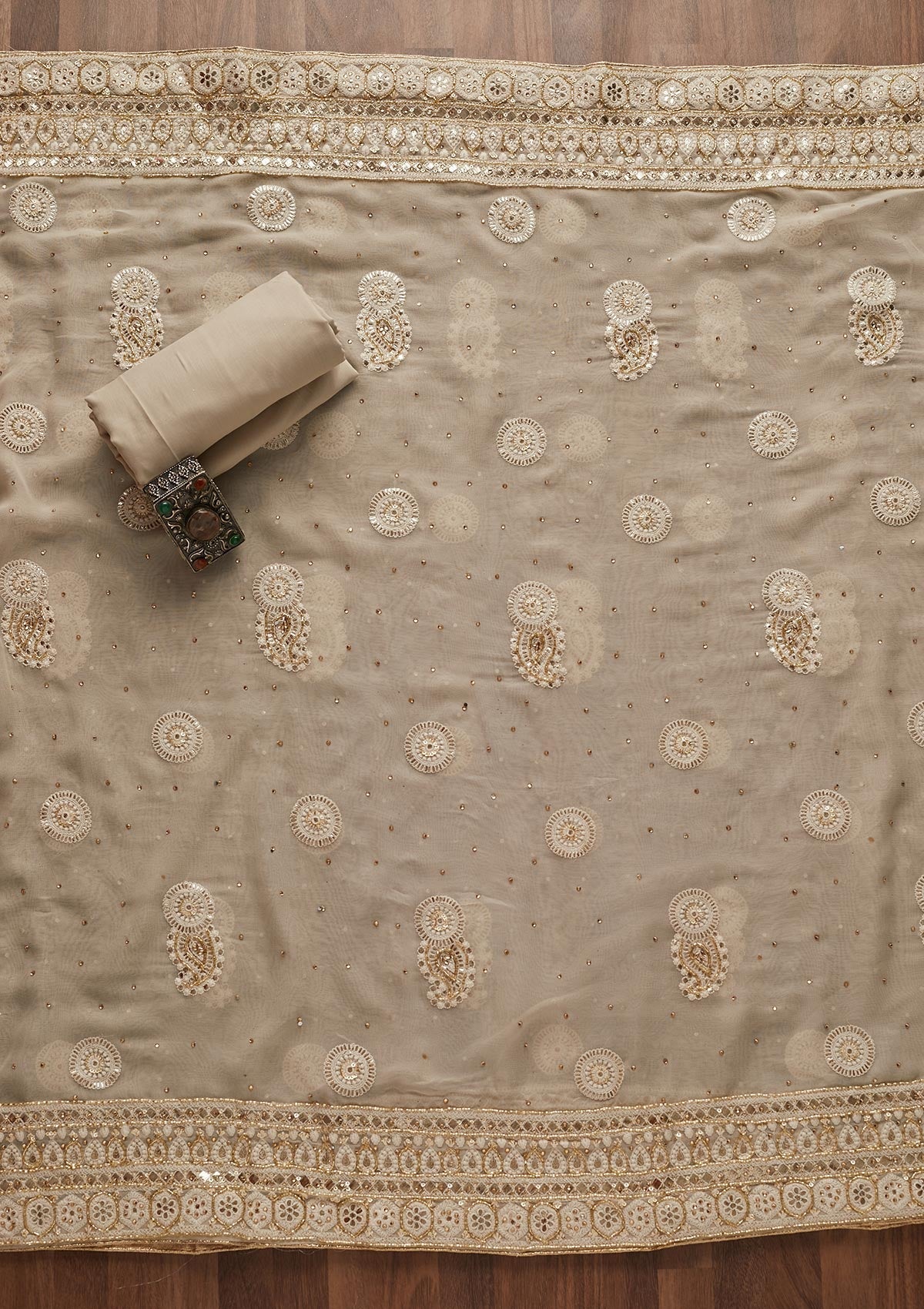 Light Grey Cutdana Georgette Designer Unstitched Salwar Suit - Koskii