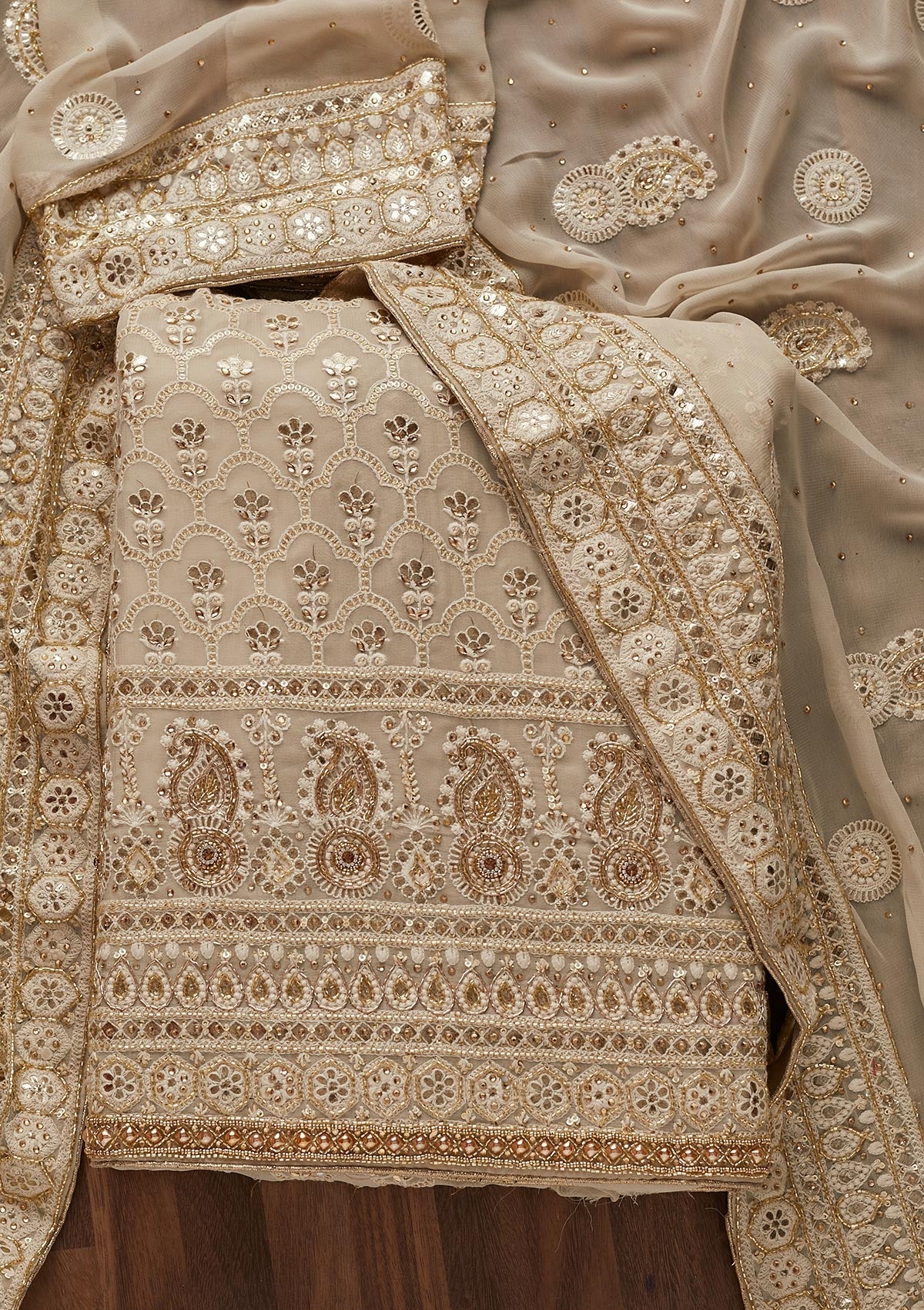 Light Grey Cutdana Georgette Designer Unstitched Salwar Suit - Koskii