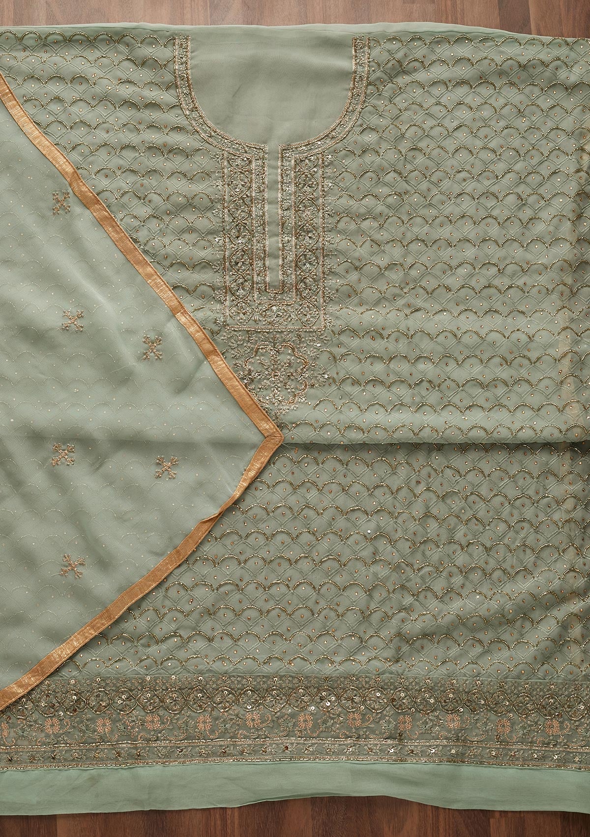 Pista Green Cutdana Georgette Designer Unstitched Salwar Suit - Koskii