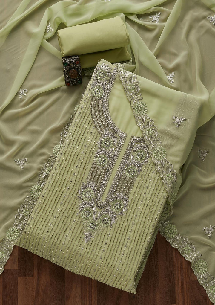 Pista Green Cutdana Georgette Designer Unstitched Salwar Suit - Koskii