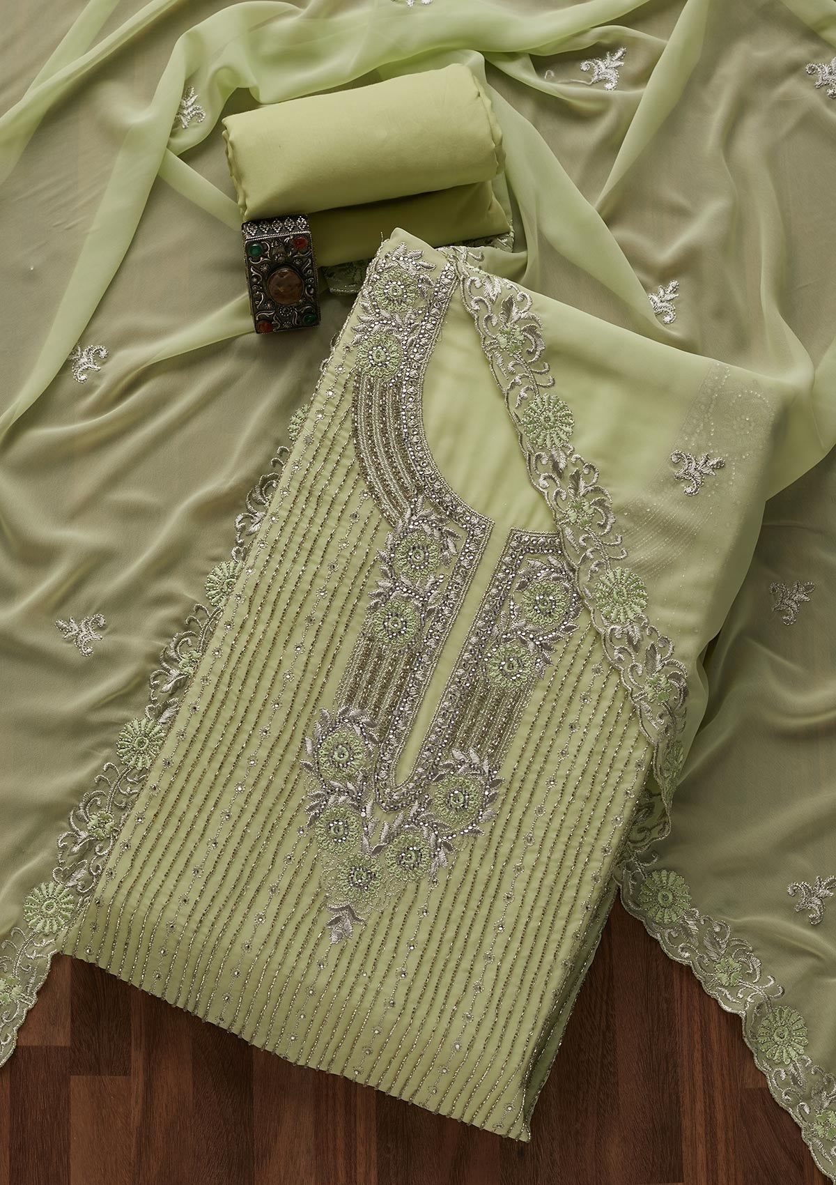 Pista Green Cutdana Georgette Designer Unstitched Salwar Suit - Koskii