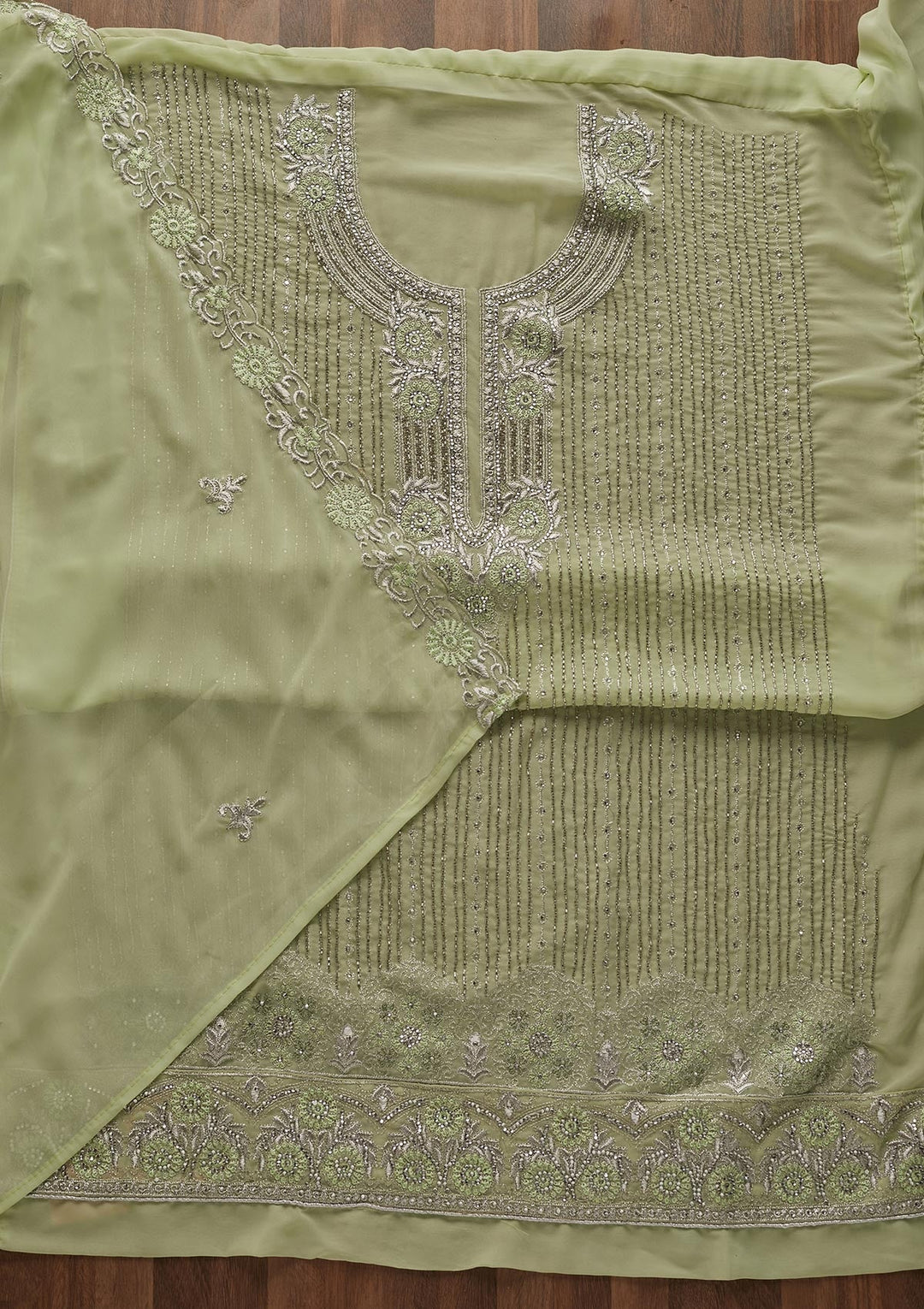 Pista Green Cutdana Georgette Designer Unstitched Salwar Suit - Koskii