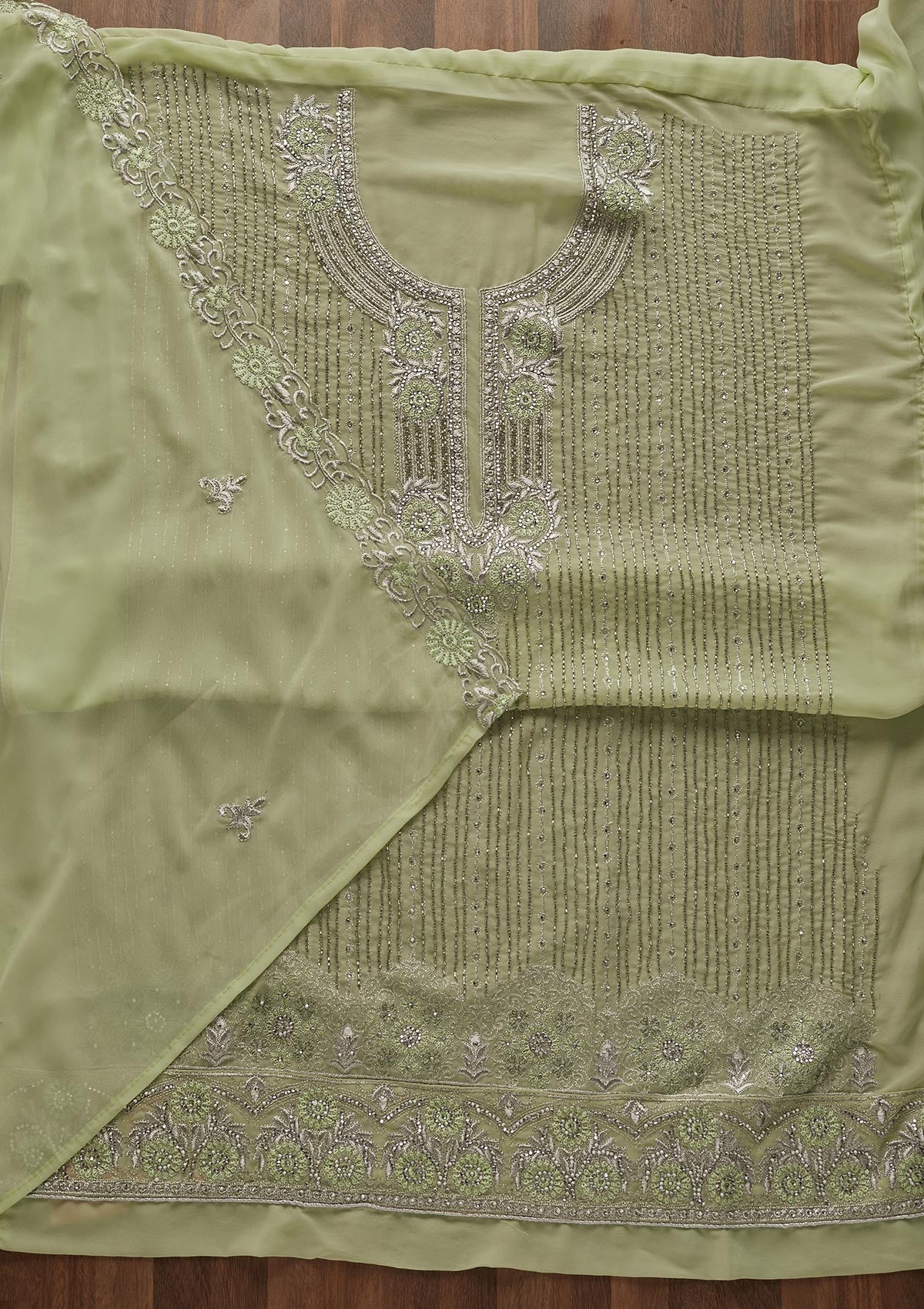 Pista Green Cutdana Georgette Designer Unstitched Salwar Suit - Koskii