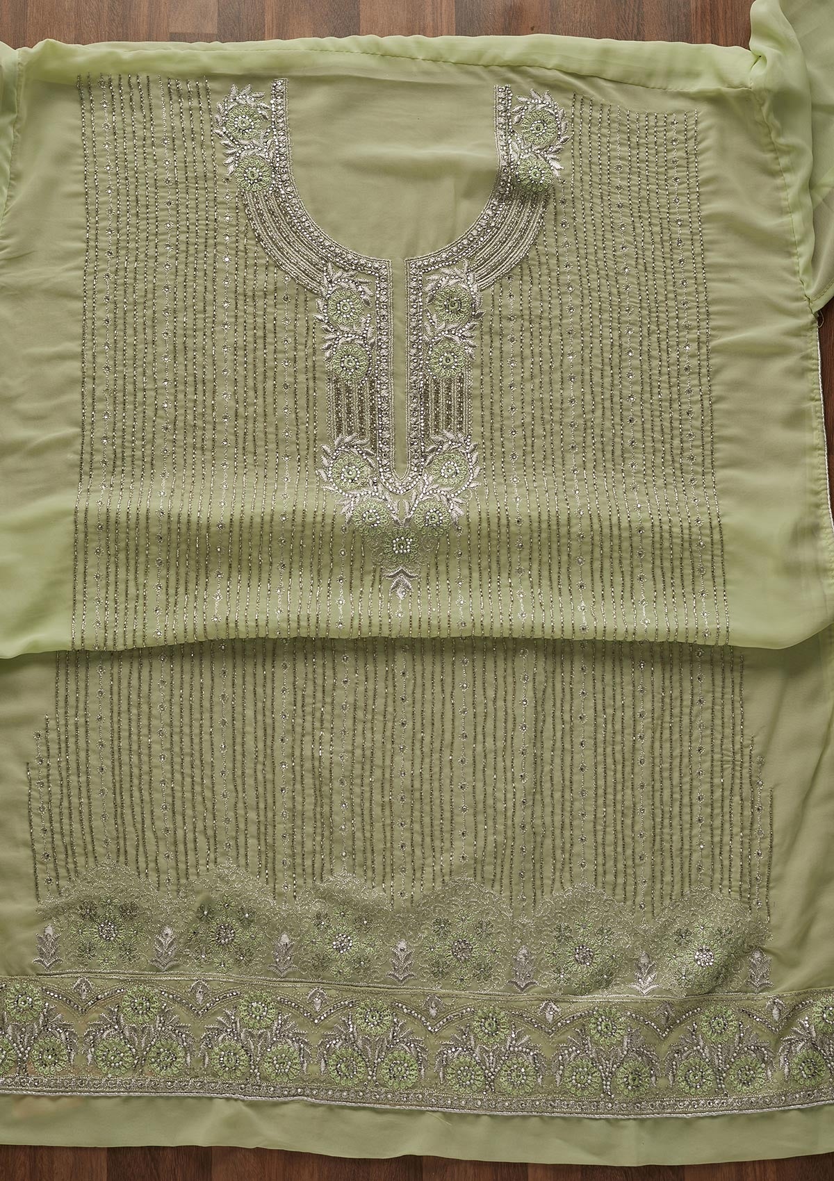 Pista Green Cutdana Georgette Designer Unstitched Salwar Suit - Koskii