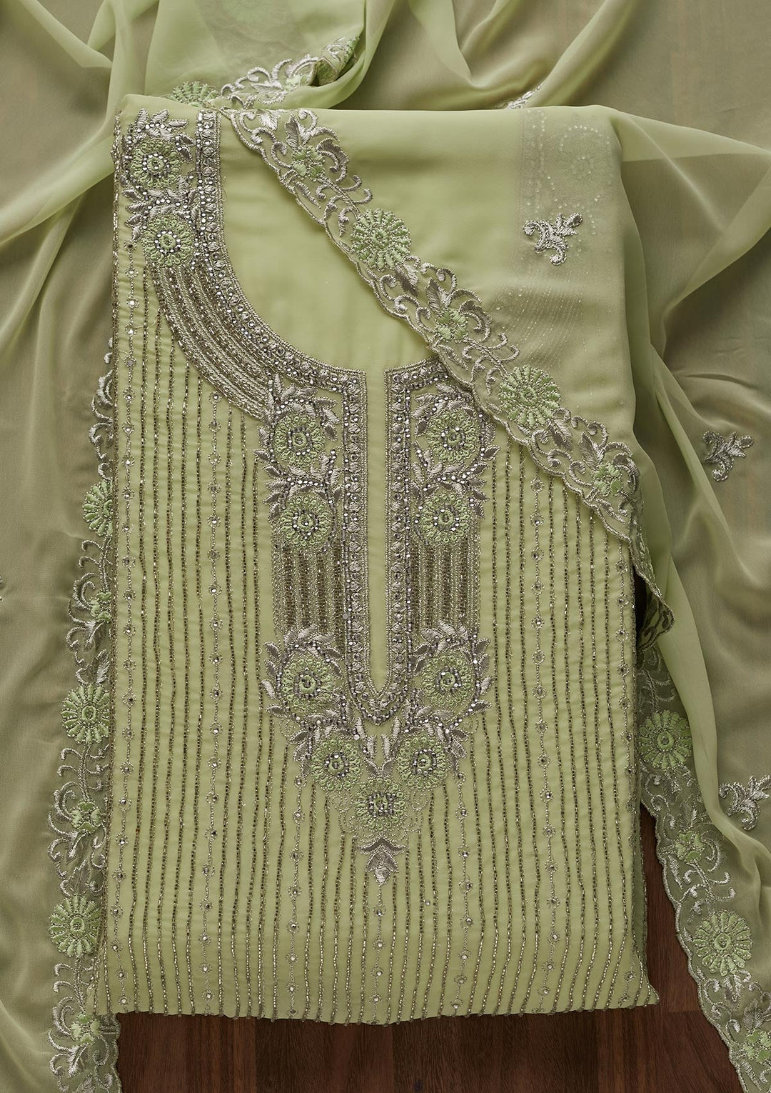 Pista Green Cutdana Georgette Designer Unstitched Salwar Suit - Koskii