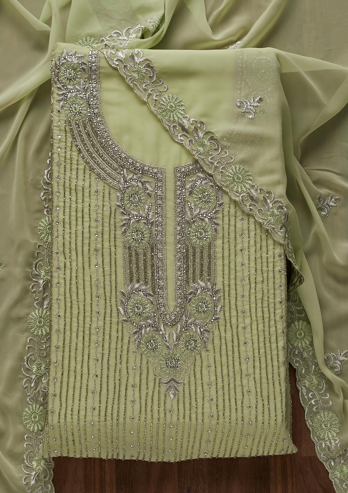 Pista Green Cutdana Georgette Designer Unstitched Salwar Suit - Koskii
