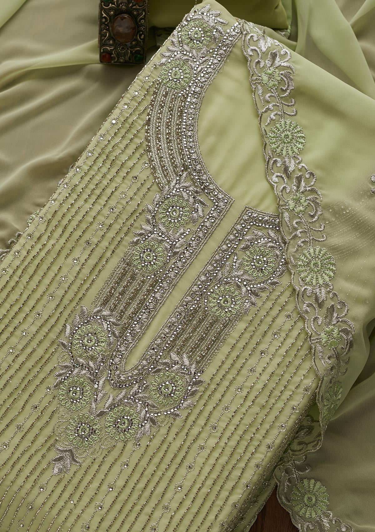 Pista Green Cutdana Georgette Designer Unstitched Salwar Suit - Koskii