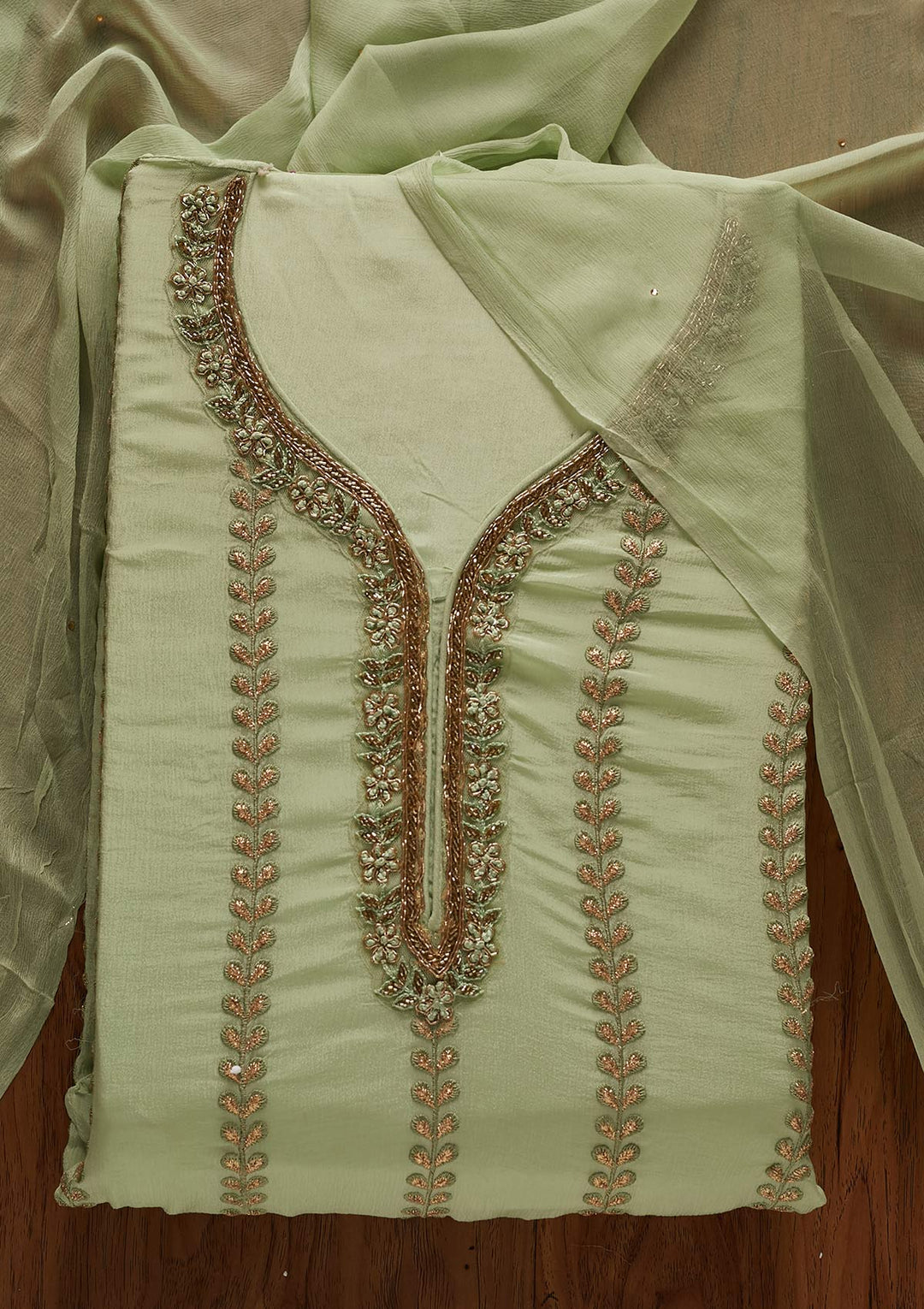 Pista Green Cutdana Semi Crepe Designer Unstitched Salwar Suit - koskii
