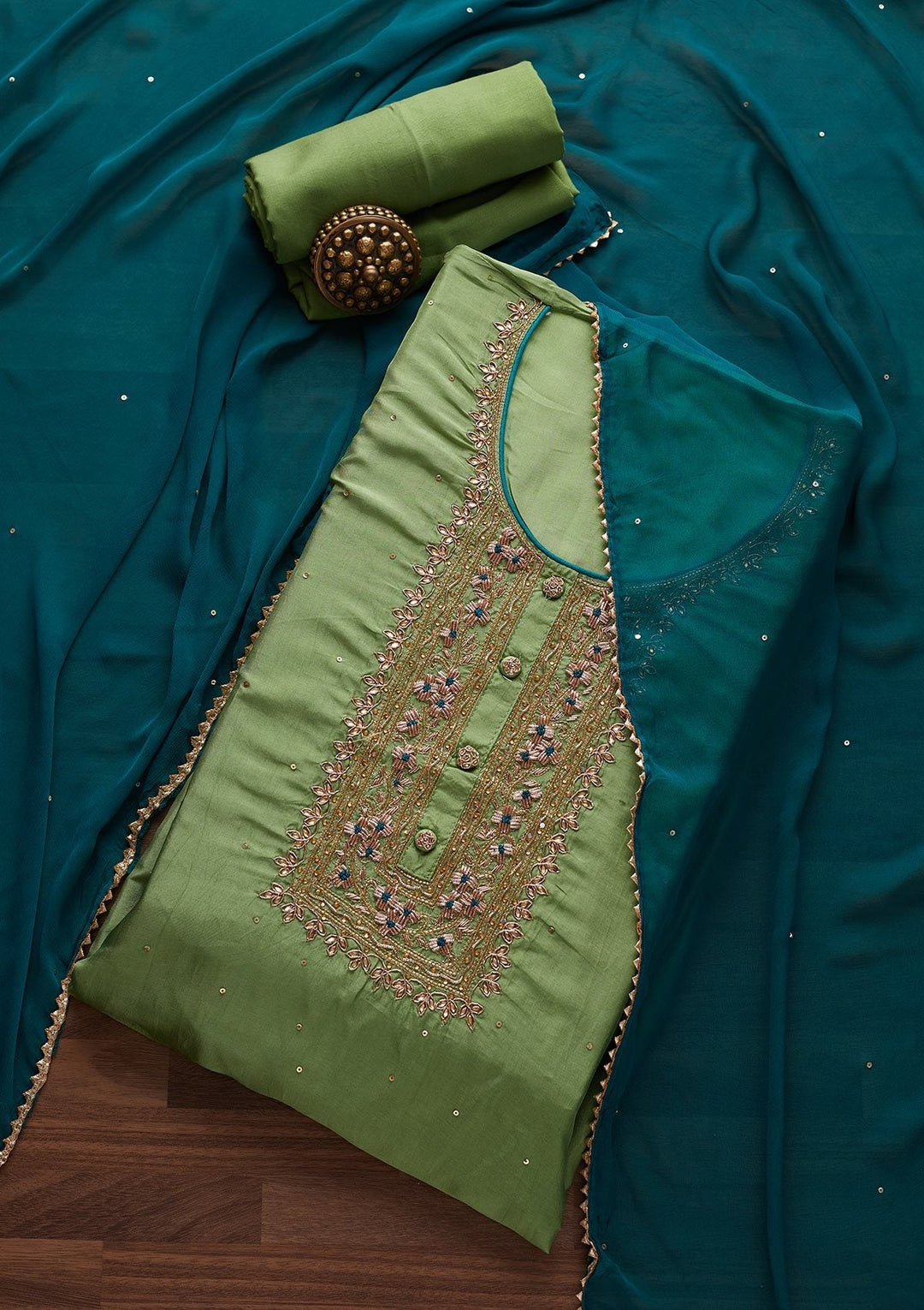 Pista Green Cutdana Semi Crepe Designer Unstitched Salwar Suit - Koskii
