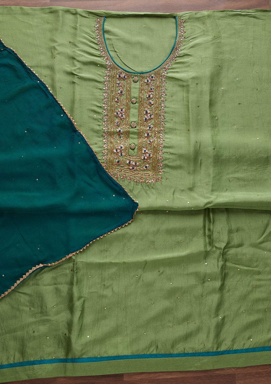 Pista Green Cutdana Semi Crepe Designer Unstitched Salwar Suit - Koskii
