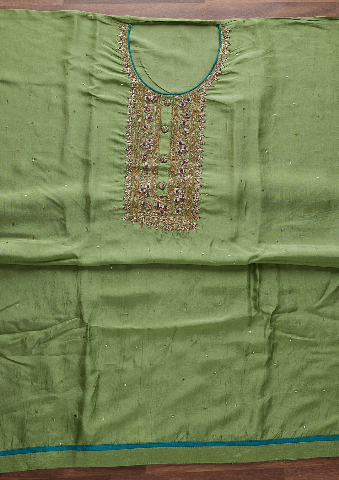Pista Green Cutdana Semi Crepe Designer Unstitched Salwar Suit - Koskii