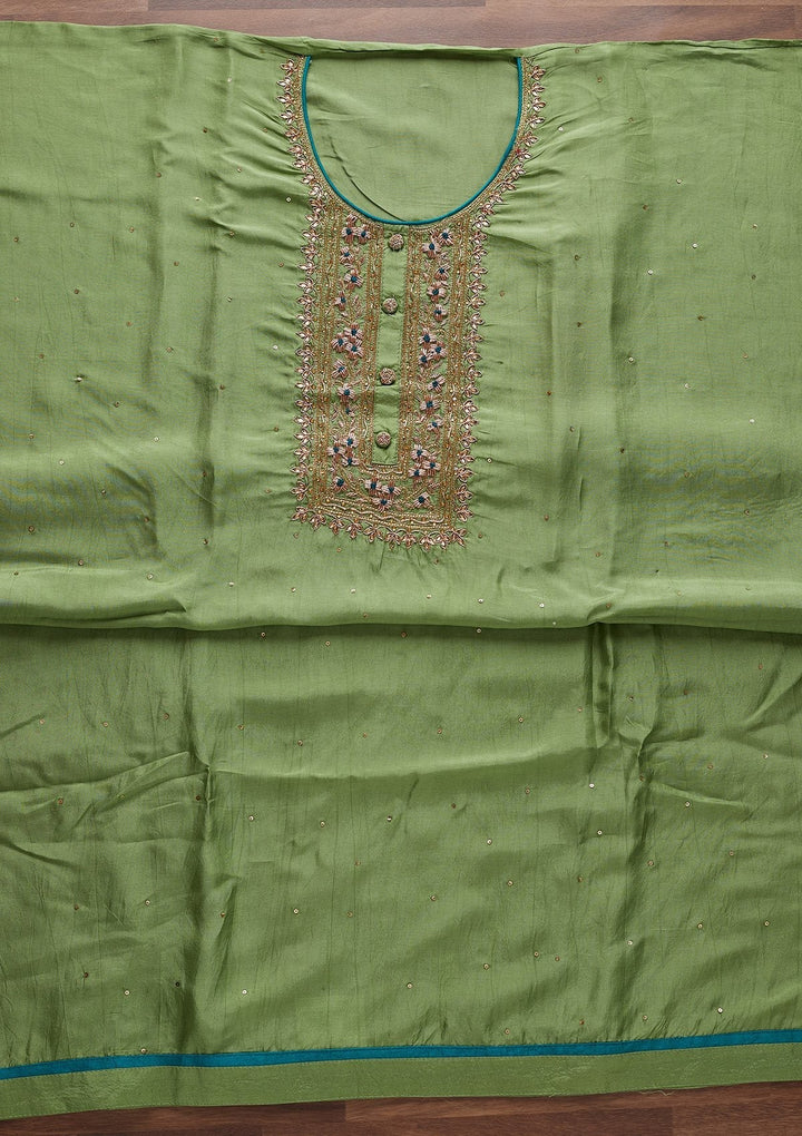 Pista Green Cutdana Semi Crepe Designer Unstitched Salwar Suit - Koskii