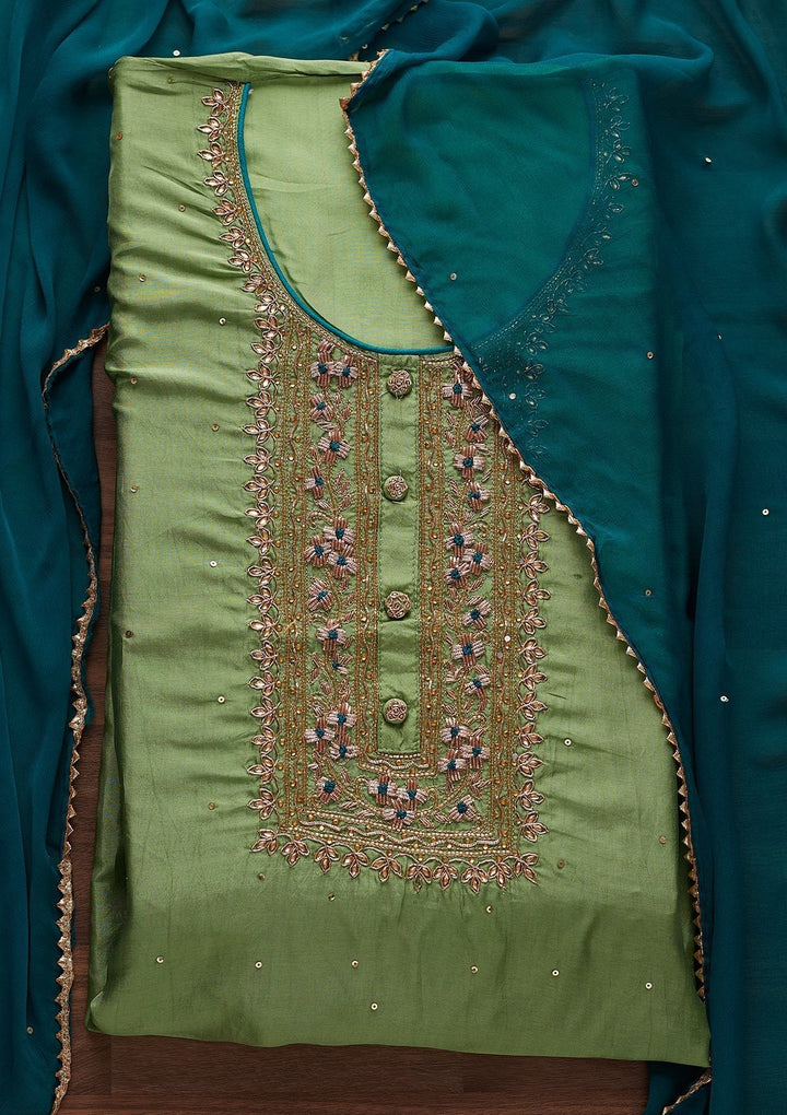 Pista Green Cutdana Semi Crepe Designer Unstitched Salwar Suit - Koskii