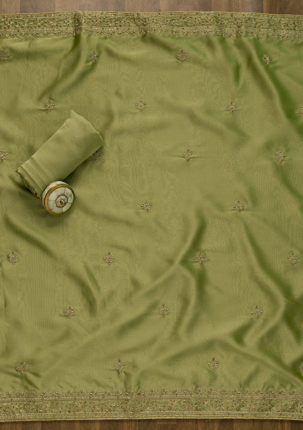 Pista Green Cutdana Semi Crepe Unstitched Salwar Kameez-Koskii