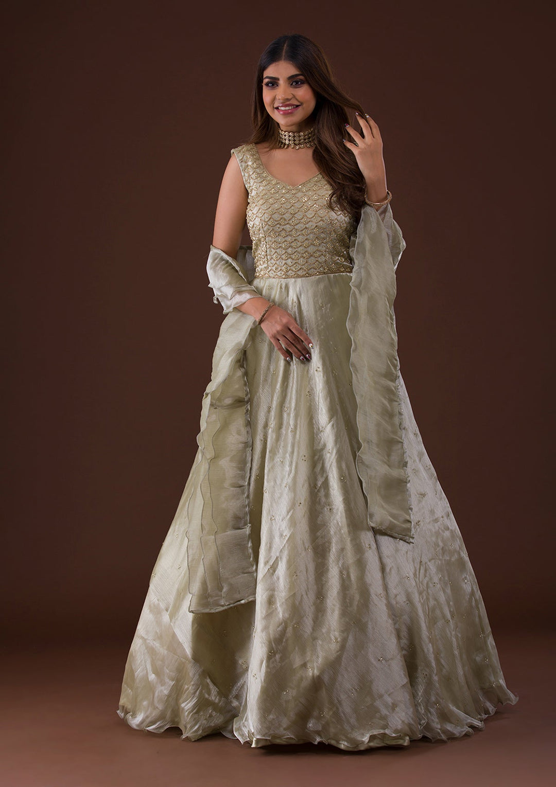 Pista Green Cutdana Shimmer Gown-Koskii