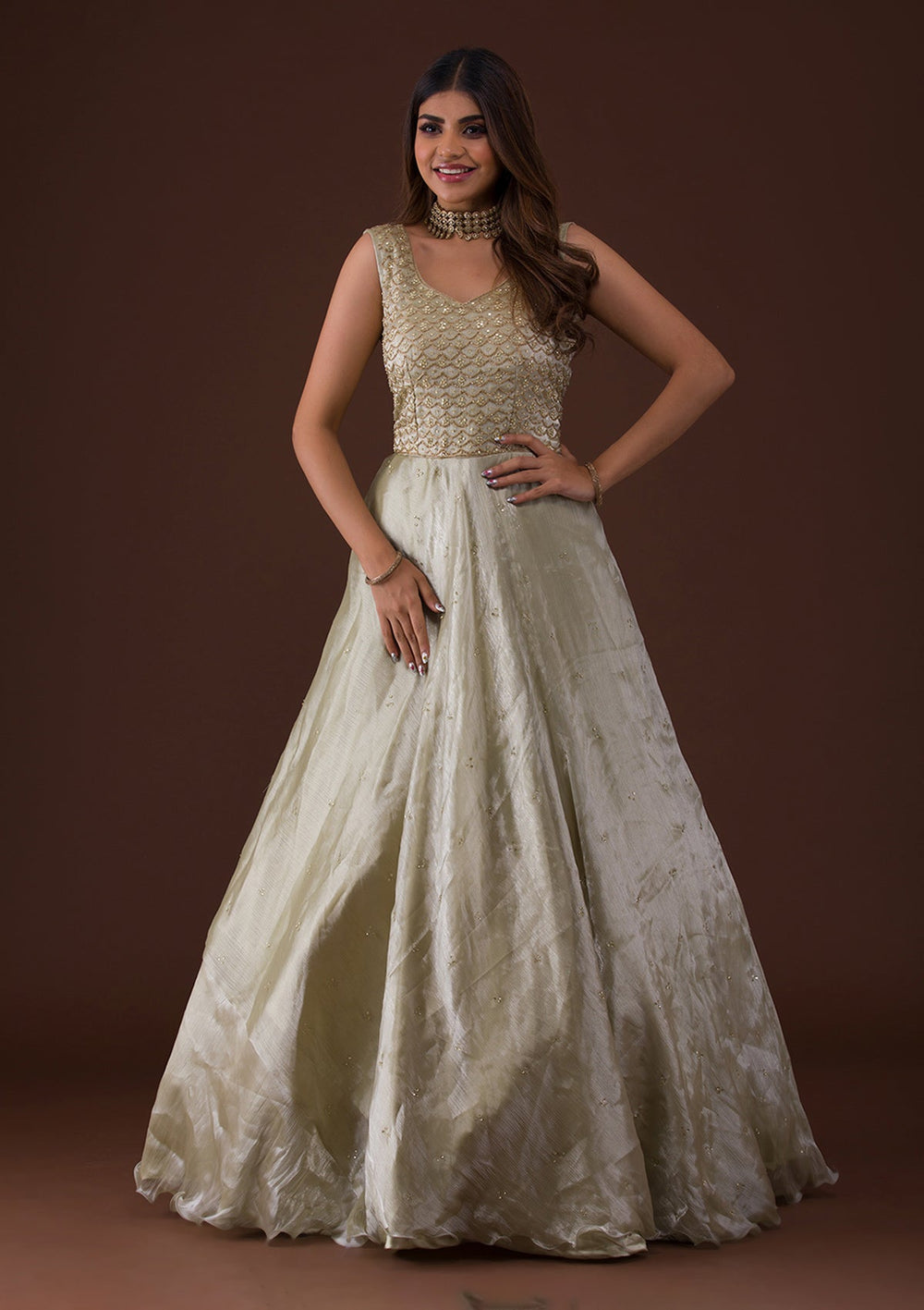 Pista Green Cutdana Shimmer Gown-Koskii