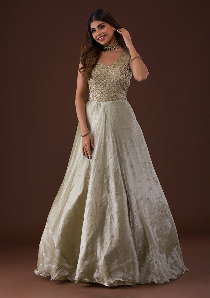 Pista Green Cutdana Shimmer Gown-Koskii
