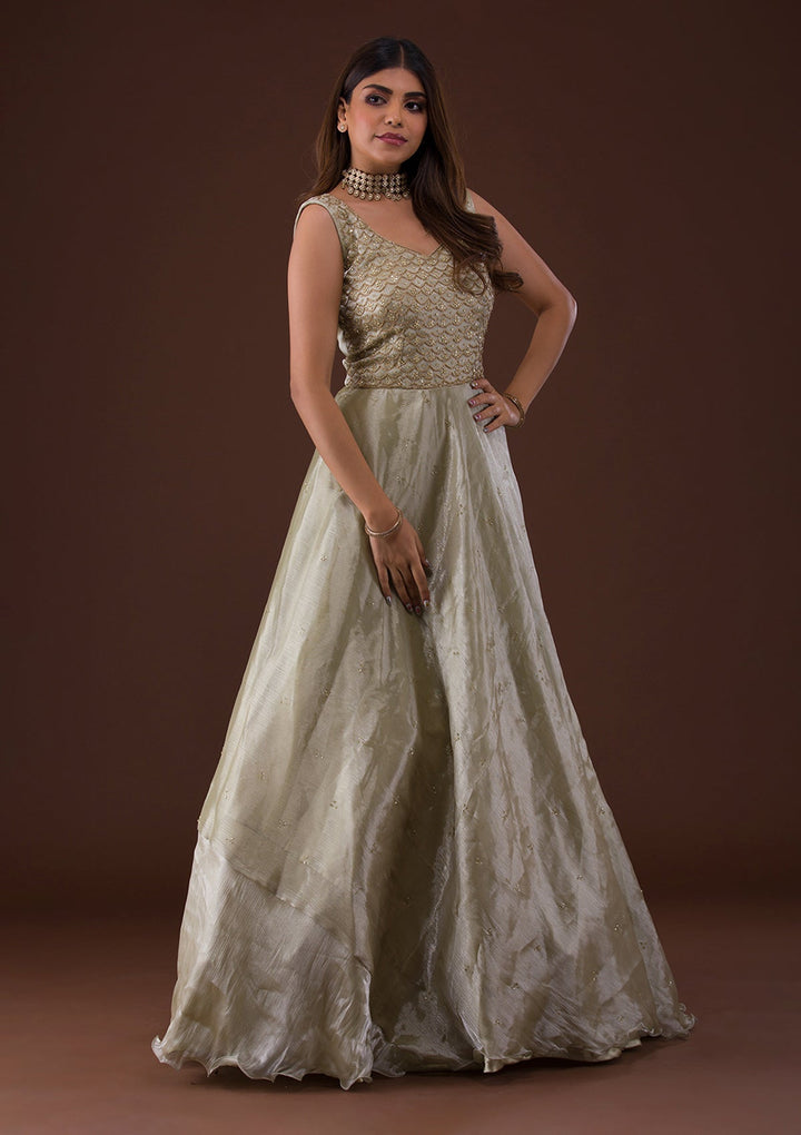 Pista Green Cutdana Shimmer Gown-Koskii