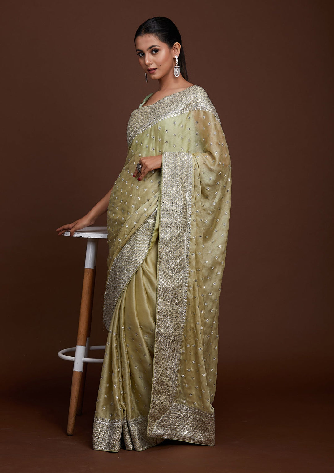 Pista Green Silver Zariwork Georgette Saree-Koskii