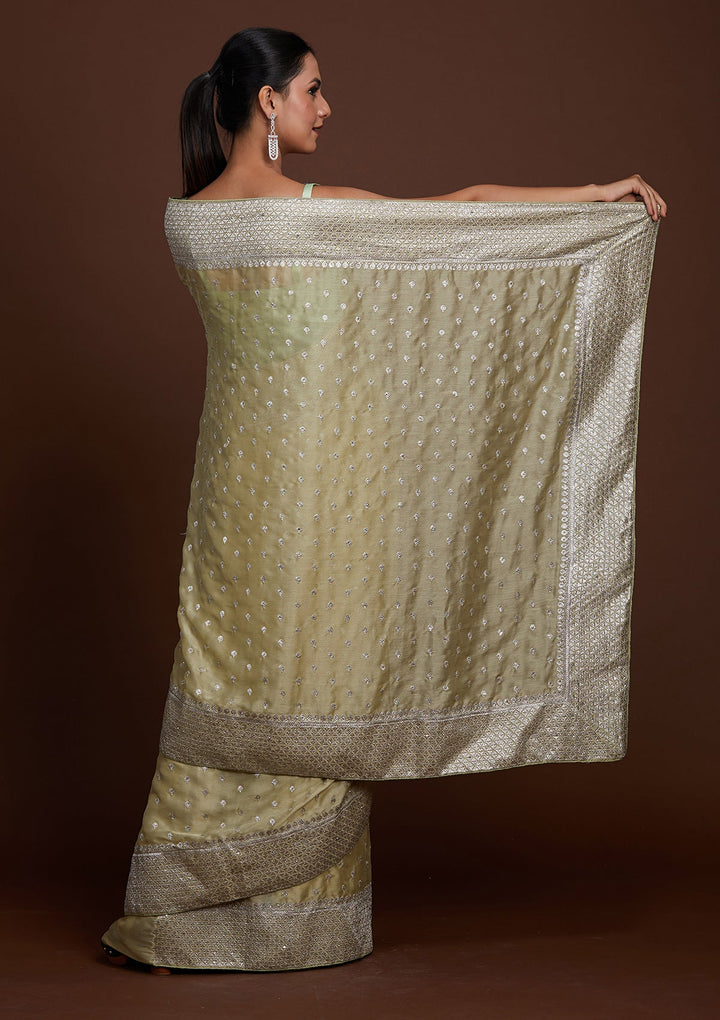 Pista Green Silver Zariwork Georgette Saree-Koskii