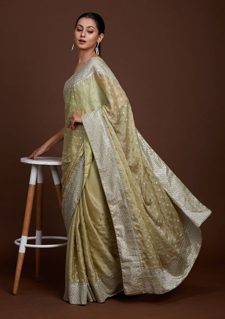 Pista Green Silver Zariwork Georgette Saree-Koskii