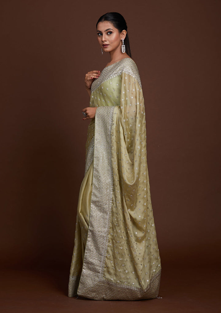 Pista Green Silver Zariwork Georgette Saree-Koskii