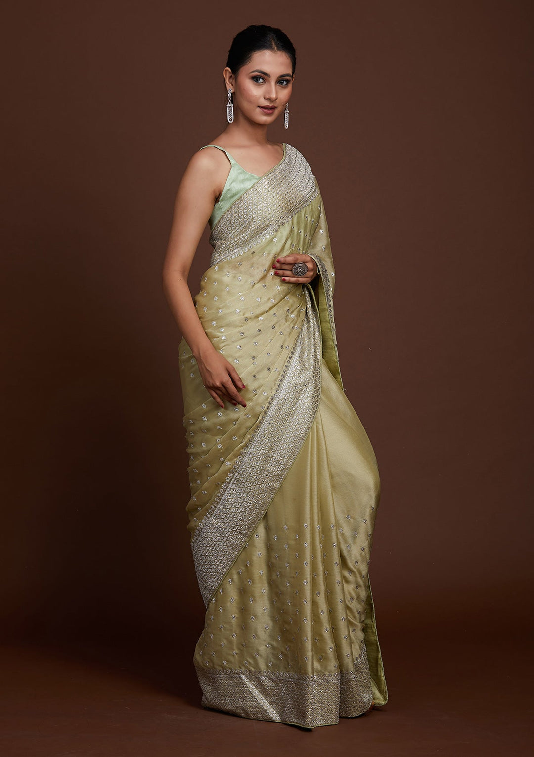 Pista Green Silver Zariwork Georgette Saree-Koskii