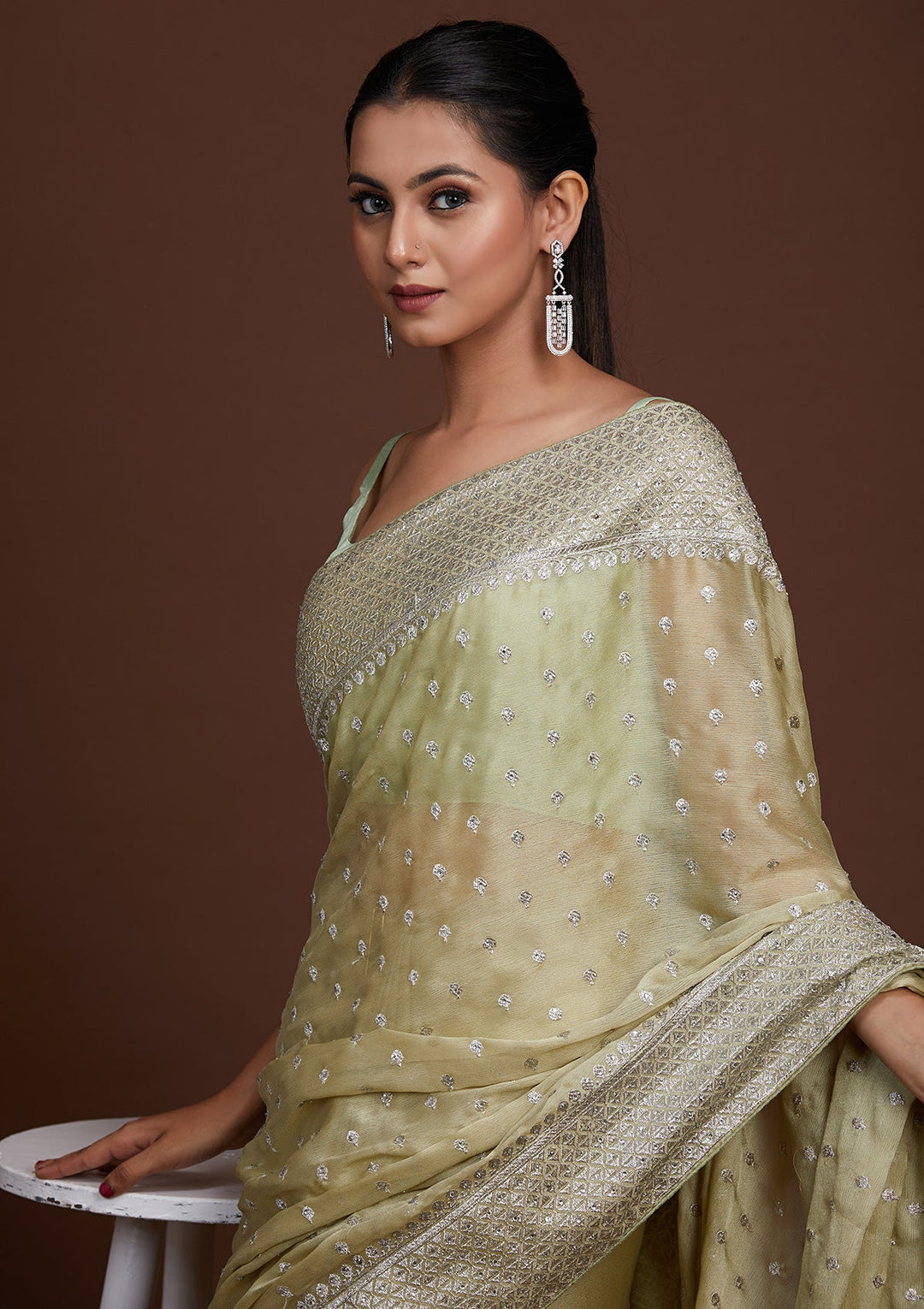 Pista Green Silver Zariwork Georgette Saree-Koskii