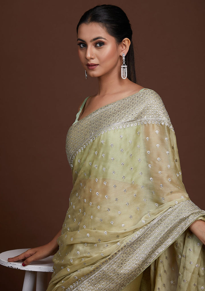 Pista Green Silver Zariwork Georgette Saree-Koskii