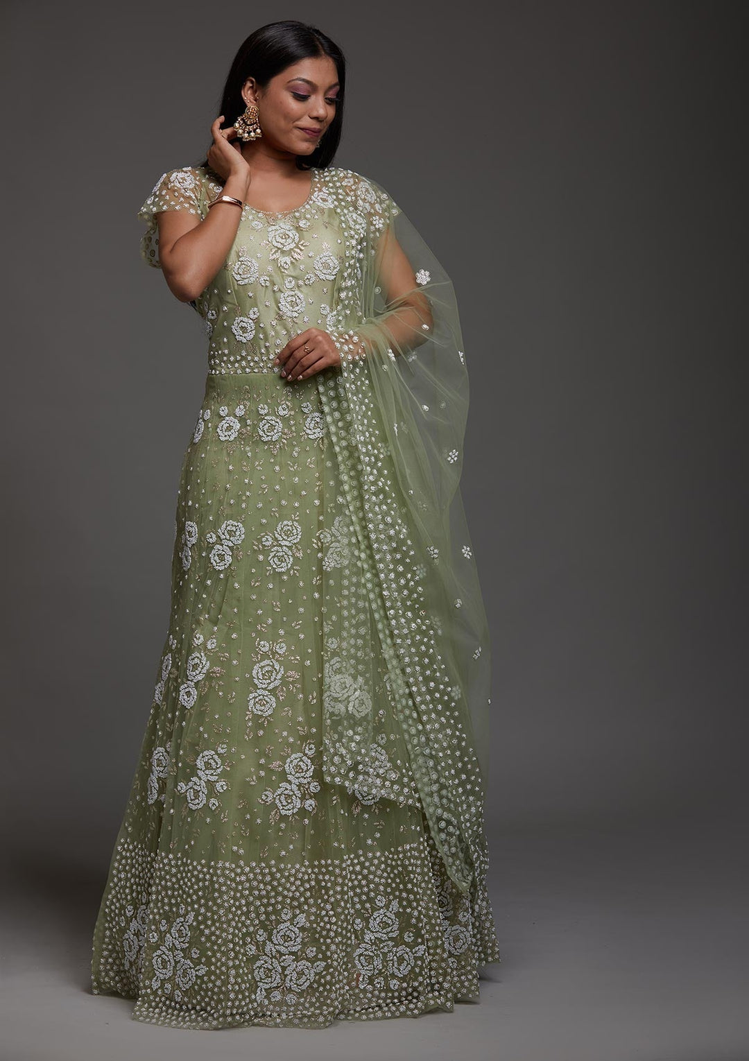 Pista Green Glitter Net Designer Gown-Koskii