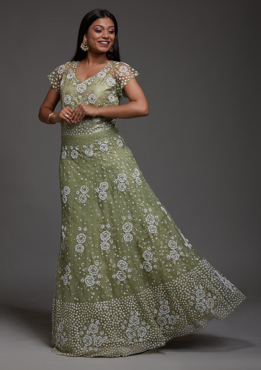 Pista Green Glitter Net Designer Gown-Koskii