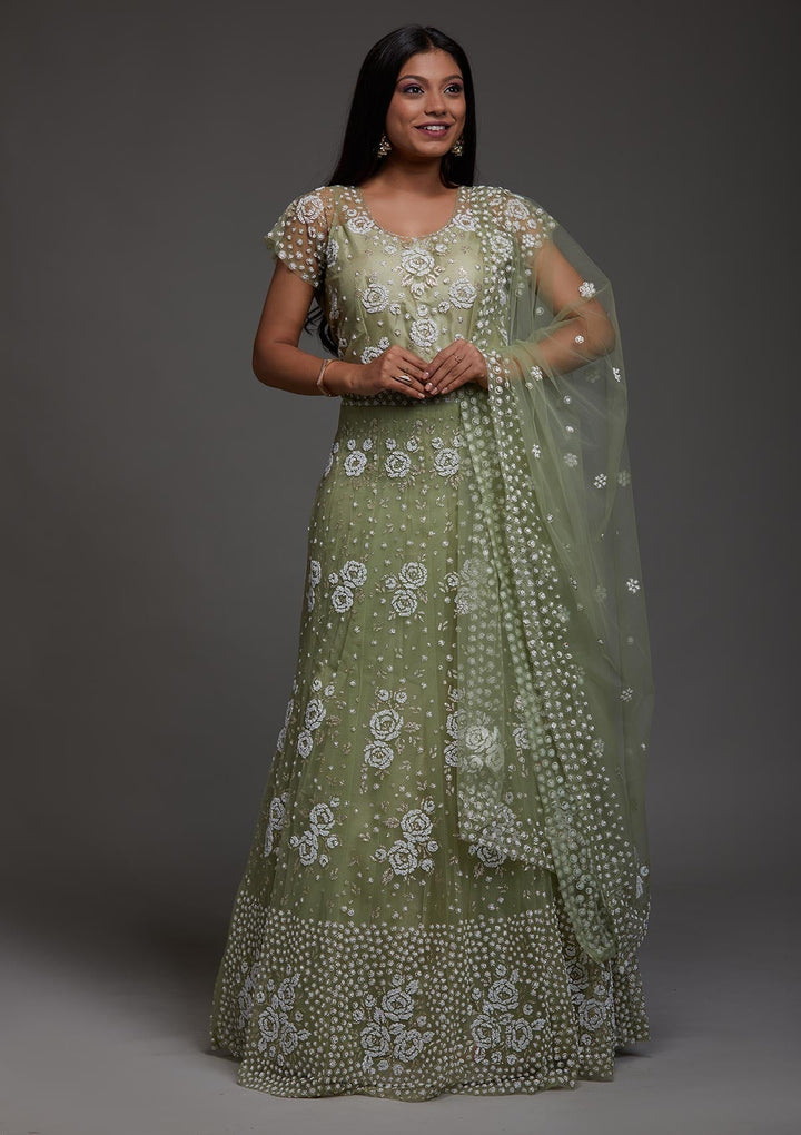 Pista Green Glitter Net Designer Gown-Koskii