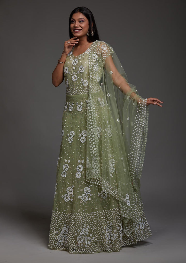 Pista Green Glitter Net Designer Gown-Koskii